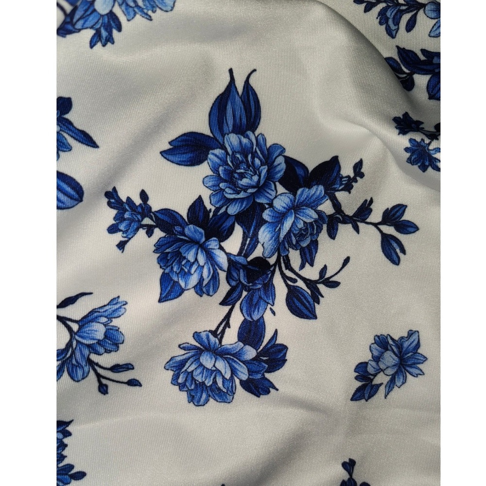 Blue Floral Off Shoulder Ruched Bodycon Mini Dress White Ruffle Hem Medium - Picture 5 of 5